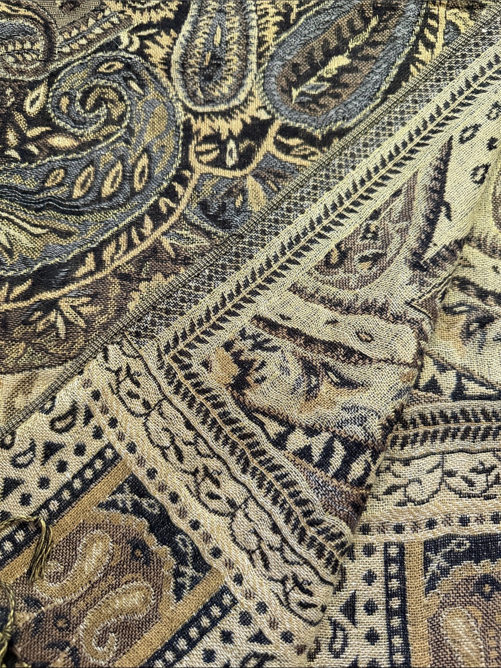Vintage Pashmina Silk Brocade Shawl Paisley Gold Olive Brown Made in Hungary - Picture 4 of 4